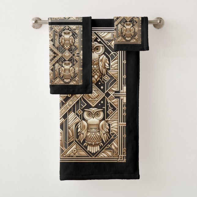 Conjunto De Toalhas Arte Deco Coruja Preta e Dourada (Insitu)