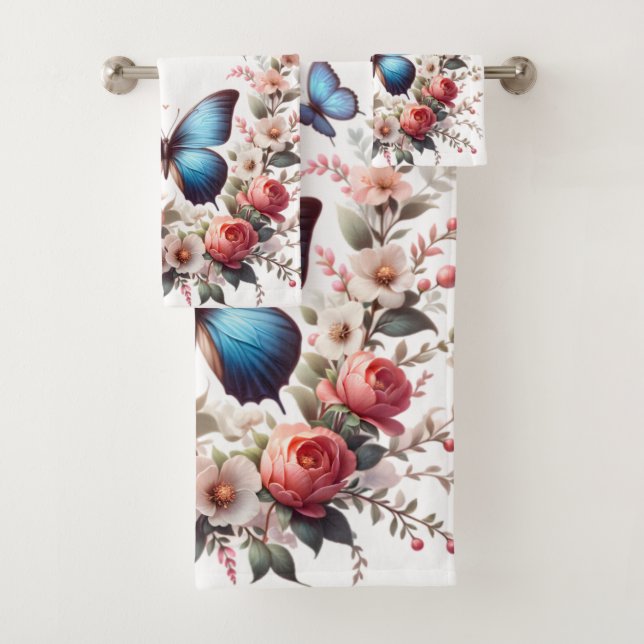 Conjunto De Toalhas Arte Floral de Borboleta Azul Personalizável-96279 (Insitu)