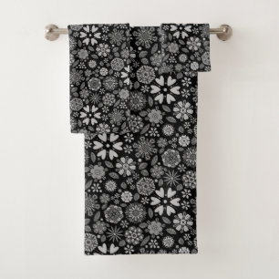 Conjunto De Toalhas Arte Floral Retro Preto e Cinza Padrão Sem Costura