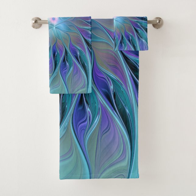 Conjunto De Toalhas Arte Fractal Abstrato de Sonho Roxo Azul (Insitu)