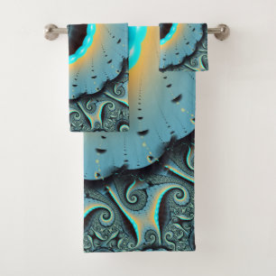 Conjunto De Toalhas Arte Fractal Espiral Azul Turquesa Abstrato Laranj