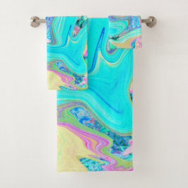 Conjunto De Toalhas Arte Líquida Azul Retro Aqua em Hortênsias Abstrat