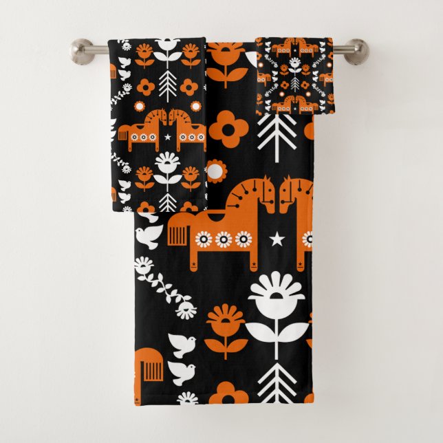 Conjunto De Toalhas Arte popular sobre cavalos escandinavos (Insitu)