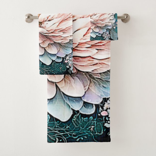 Conjunto De Toalhas Arte Teal Bloom rosa Dourada (Insitu)