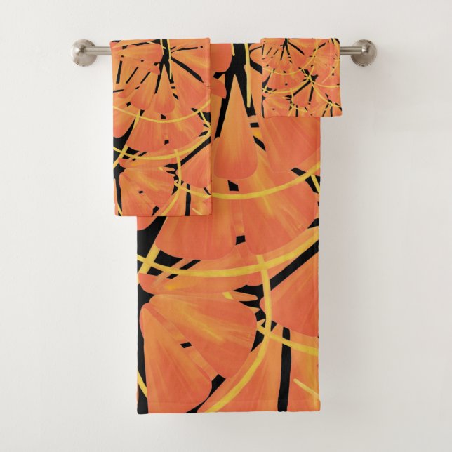 Conjunto De Toalhas Arte Tropical em Preto Ébano e Laranja Cítrica Des (Insitu)