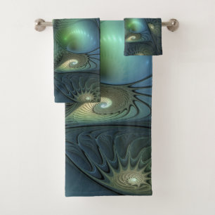 Conjunto De Toalhas Arte verde bege do Fractal de turquesa das