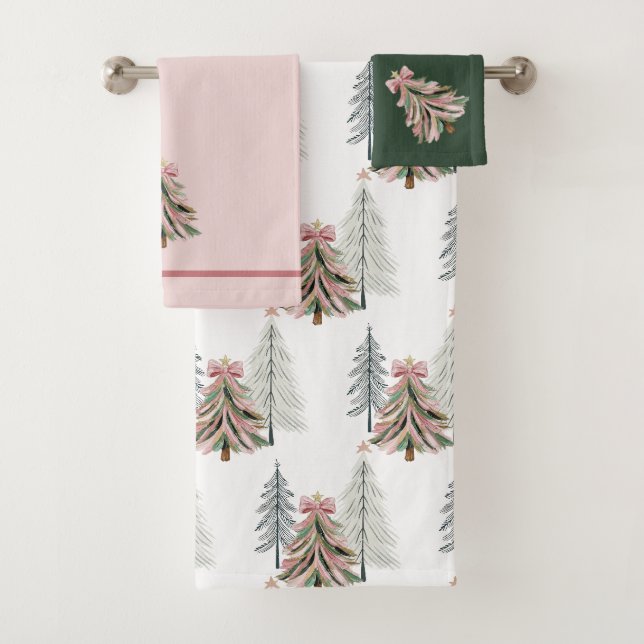 Conjunto De Toalhas Árvore de Natal com Pinceladas Rosa e Verde (Insitu)