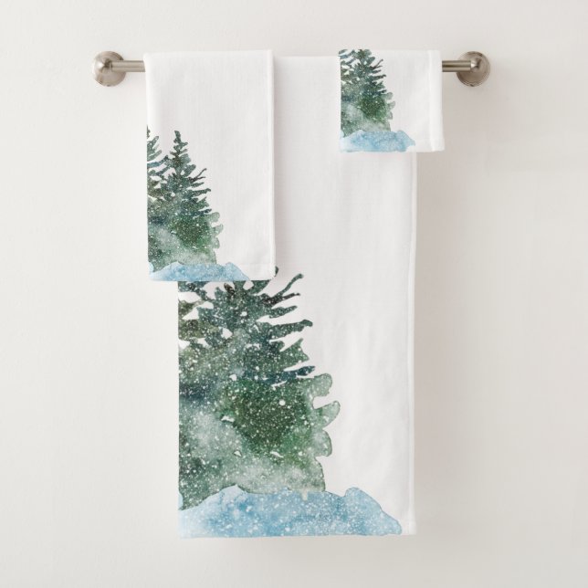 Conjunto De Toalhas Árvores de Natal Aquarela Neve Algodão Branco (Insitu)