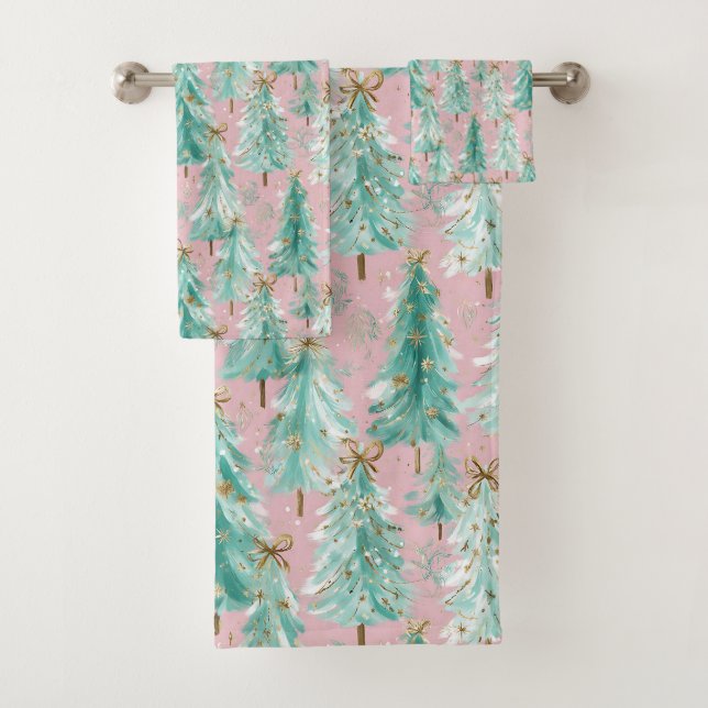 Conjunto De Toalhas Árvores de Natal Azul Turquesa Caprichosas em Rosa (Insitu)