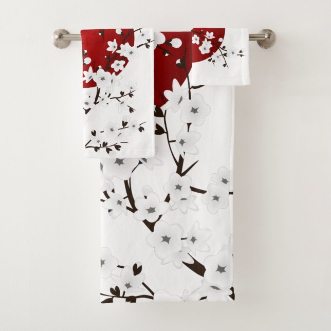 Conjunto De Toalhas Ascensão Sun Cherry Blossomas Vermelho Preto Branc (Insitu)