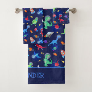 Conjunto De Toalhas Astronautas Dinossauros Aquarela No Espaço Azul