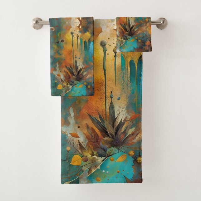 Conjunto De Toalhas Autumn Harvest Teal Rust Abstrato Dourado (Insitu)