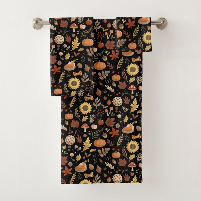 Conjunto De Toalhas Autumn Leaves e Pumpkins em Black Thankoning (Insitu)