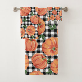 Conjunto De Toalhas Autumn Pumpkins com Gingham Fall Preto e Branco