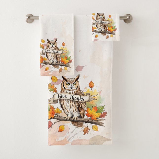 Conjunto De Toalhas Autumn Whimsy – Thanksgiving Owl with Fall Leaves  (Insitu)