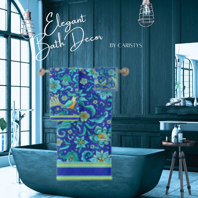 Conjunto De Toalhas Aves Florais Azul Real, Amarelo, Aqua (Criador carregado)