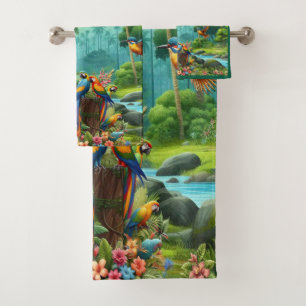 Conjunto De Toalhas Aves Tropicais Coloridas entre Planta Vibrante, Lu