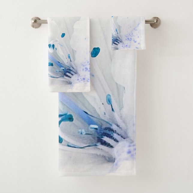Conjunto De Toalhas *~* Azalea Art Painting Flowers White Teal Blue (Insitu)