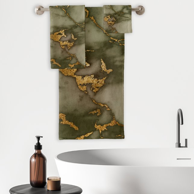 Conjunto De Toalhas Azeitona Verde Marble Dourada Faux Foil (Criador carregado)