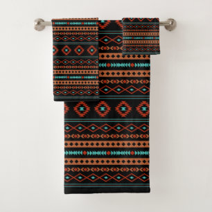 Conjunto De Toalhas Aztec Rustos Teal Black Mixed Motifs Rpt Padrão