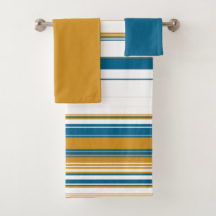 Conjunto De Toalhas Azul, Amarelo e Listras Brancas