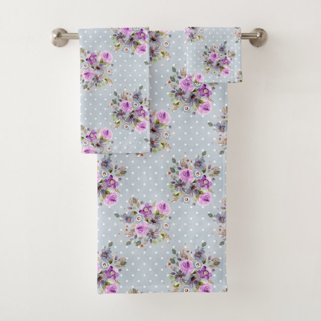 Conjunto De Toalhas Azul Bolinhas branca roxa Aquarela Floral (Insitu)