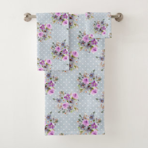 Conjunto De Toalhas Azul Branco Bolinha Roxo Floral Aquarela