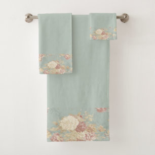 Conjunto De Toalhas Azul Branco e Rosa Floral Shabby Chic