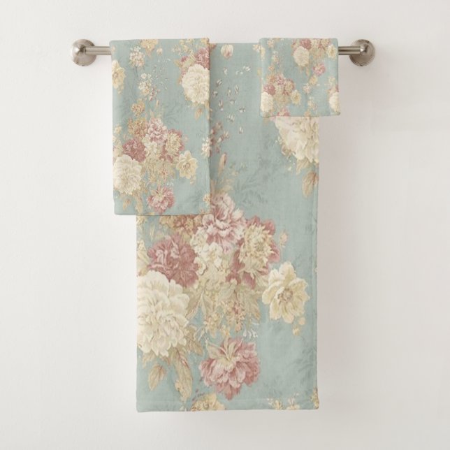 Conjunto De Toalhas Azul Branco e Rosa Floral Shabby Chic (Insitu)
