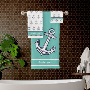 Conjunto De Toalhas Azul Branco-Teto-Branco-Anchor-Náutico Personaliza