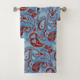 Conjunto De Toalhas Azul branco vermelho tradicional linocut de salada