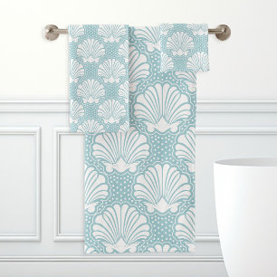 Conjunto De Toalhas Azul Céu e Concha de Mar Branco