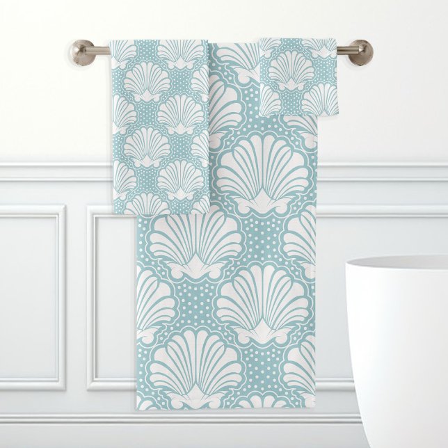 Conjunto De Toalhas Azul Céu e Concha de Mar Branco (Criador carregado)