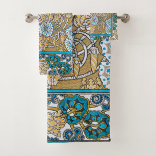 Conjunto De Toalhas azul ciclame arte nova flor botânica