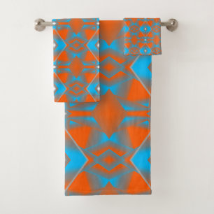 Conjunto De Toalhas Azul Cinza Laranja Ombre Arte Abstrata Geométrica