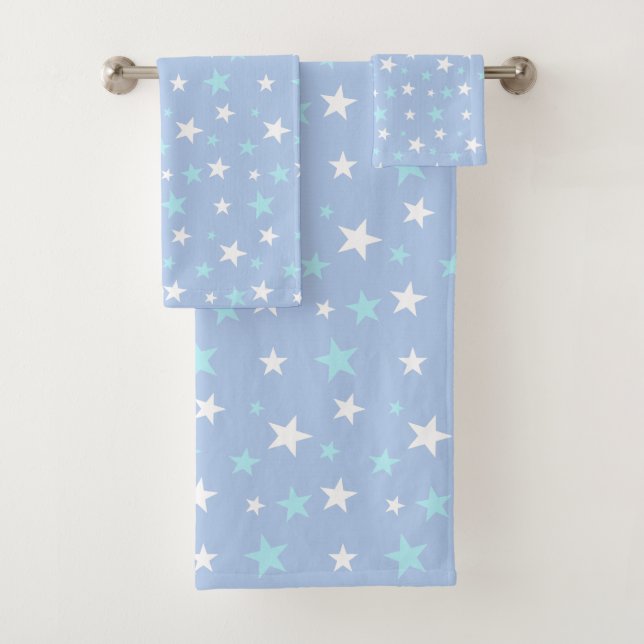 Conjunto De Toalhas Azul Claro & Estrelas Brancas (Insitu)