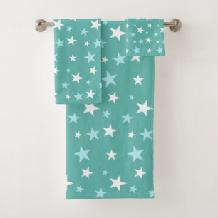 Conjunto De Toalhas Azul Claro & Estrelas Brancas no Turquesa