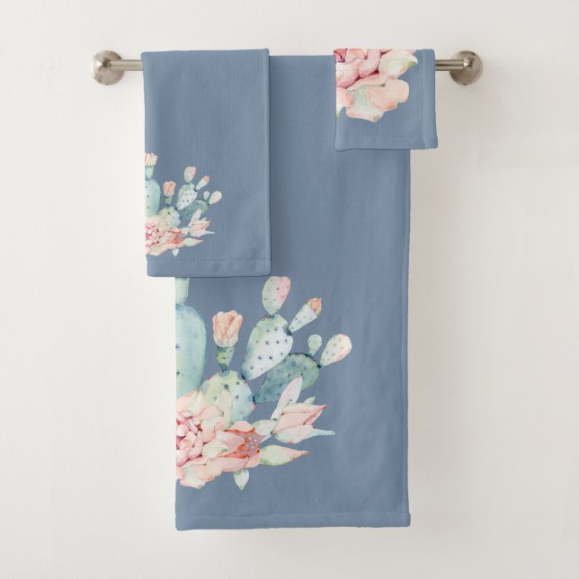 Conjunto De Toalhas Azul Denim Esmaecido e Cactus Aquarela (Insitu)