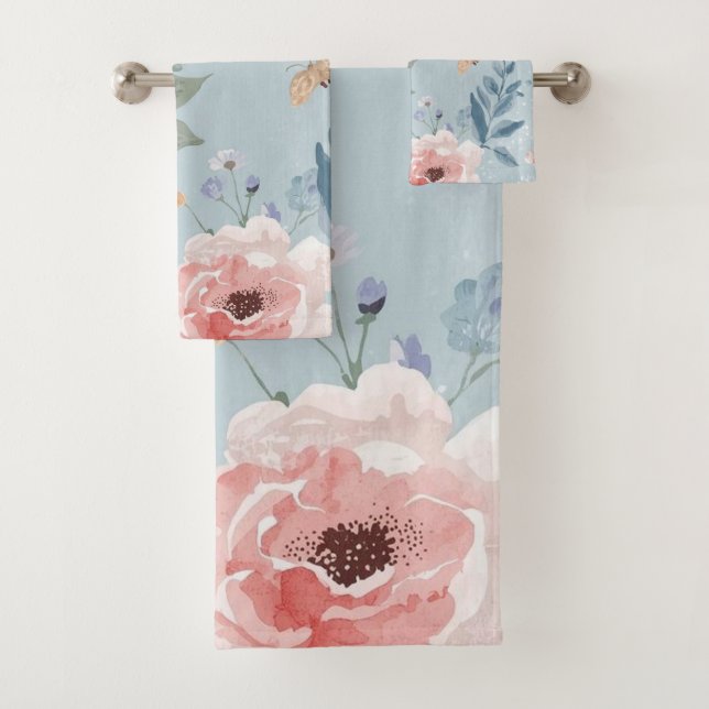 Conjunto De Toalhas Azul Desbotado Flores Aquarela Jardim Rosa Floresc (Insitu)