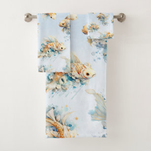 Conjunto De Toalhas Azul, Dourado, Branco, Peixe-Koi Floral