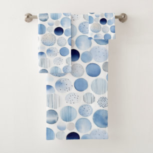 Conjunto De Toalhas Azul e Branco Círculos Abstratos em Aquarela Moder