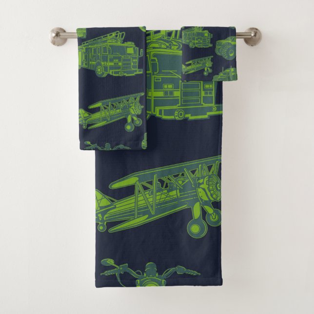 Conjunto De Toalhas Azul e Verde Veículos em Movimento Carros Meninos (Insitu)