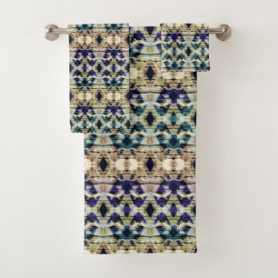 Conjunto De Toalhas Azul-étnico, ikat bege