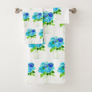 Conjunto De Toalhas Azul Hydrangeas Watercolor Flores Decor Floral
