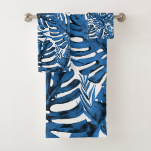 Conjunto De Toalhas Azul Jeans Médio Folhas de Palmeira Tropicais Chic
