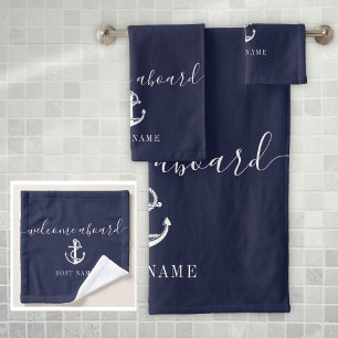 Conjunto De Toalhas Azul Marinho Bem-vindo a Bordo Âncora Náutica Nome