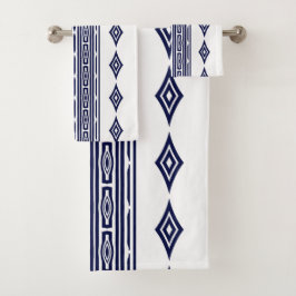 Conjunto De Toalhas Azul Marinho e Branco Padrão Listrado Tribal Aztec