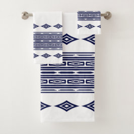 Conjunto De Toalhas Azul Marinho e Branco Padrão Listrado Tribal Aztec