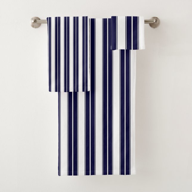 Conjunto De Toalhas Azul Marinho e Listras Brancas (Insitu)