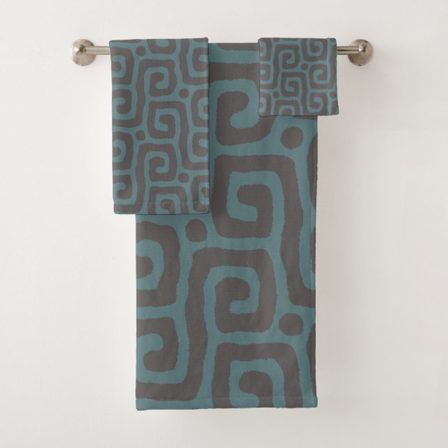 Conjunto De Toalhas Azul marinho e padrão abstrato verde (Insitu)